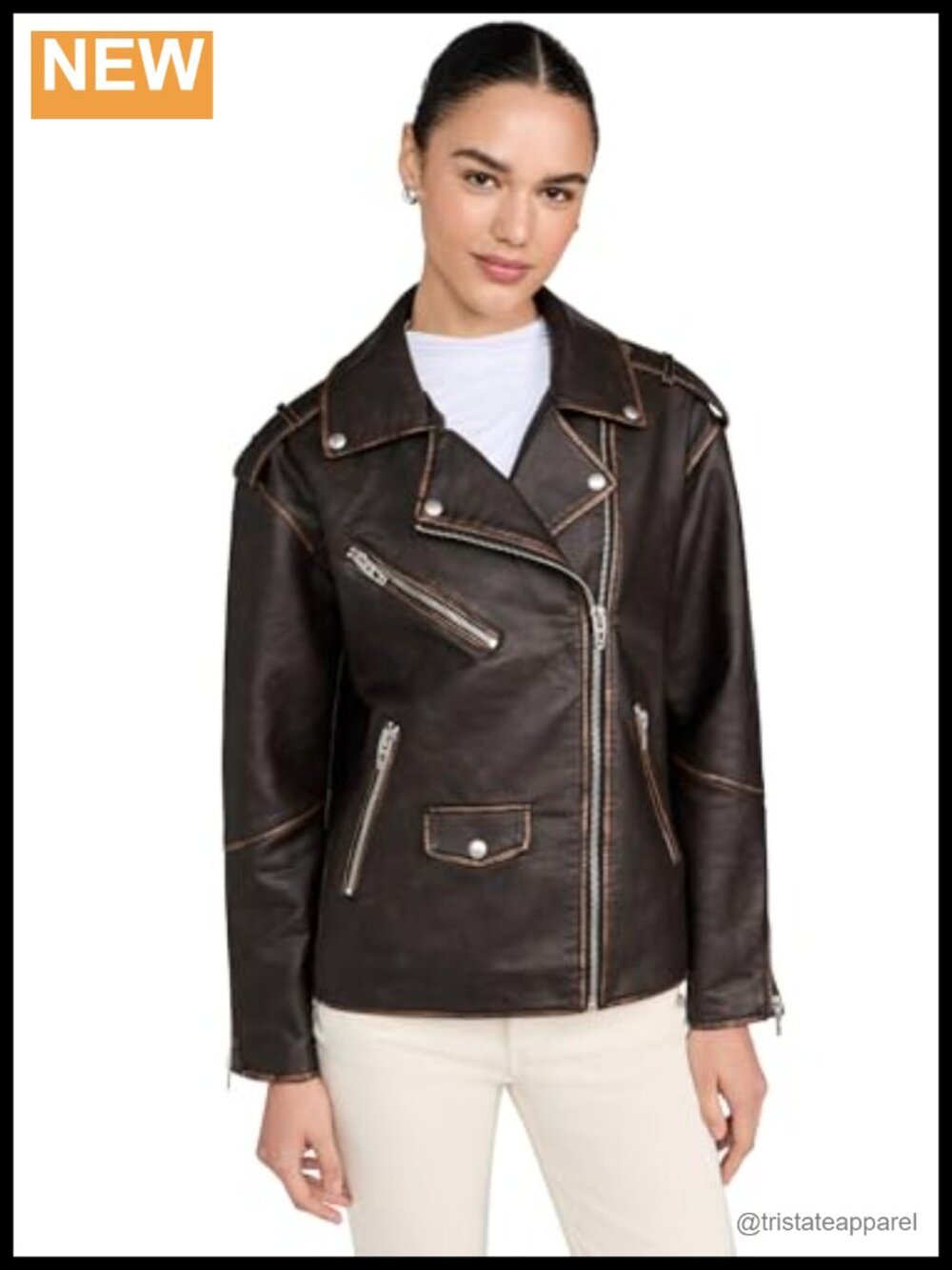 Vegan Leather Moto Jacket with Zip Cuffs & Asymmetrical Placket